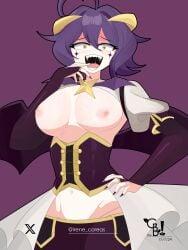 breasts breasts_out diamondgreenanimat0 female female_only half-dressed hiiragi_utena light-skinned_female light_skin magia_baiser mahou_shoujo_ni_akogarete nipples pale-skinned_female pale_skin purple_background purple_hair sharp_teeth short_hair solo solo_female succsuccubus_wings succubus_horns tagme watermark yellow_eyes