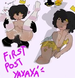 :3 bad_anatomy big_ass bite_marks black_hair breasts crown crying cum_in_pussy humanization humanized non-human oc queen rape raped_by_monster striped_socks team_yellow thick_thighs tophat torn_clothes torn_dress what_the_fuck wings yellow_eyeshadow