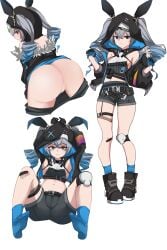 absurdres armpits ass black_gloves black_jacket black_shoes black_shorts blue_socks bronya_zaychik bronya_zaychik_(haxxor_bunny) closed_mouth drill_hair female full_body gloves grey_eyes grey_hair highres honkai_(series) honkai_impact_3rd jacket knee_pads long_hair long_sleeves midriff multiple_views no_panties no_shoes open_mouth pussy shoes shorts simple_background single_knee_pad socks soles thigh_strap twin_drills white_background xiaosa123