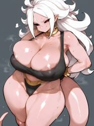 ai_generated android_21 bare_thighs black_eyes dragon_ball dragon_ball_fighterz gigantic_breasts huge_breasts huge_thighs long_hair looking_at_viewer majin_android_21 massive_breasts mature_female oatmealdood oiled_body oiled_skin panties pink_body pink_skin red_pupils smiling solo_female sports_bra squatting sweat sweatdrop tail thick_body thick_female thick_thighs thighs voluptuous voluptuous_female white_hair