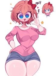 1girls 2d 2d_(artwork) big_breasts blue_eyes bottom_heavy breasts casual casual_clothes chibi curvaceous curvy curvy_female curvy_figure denim_shorts doki_doki_literature_club female female_only heart heart_symbol hourglass_figure huge_thighs large_breasts reinsleif rox_hoxten sayori_(doki_doki_literature_club) shiny_skin short_shorts shorts slim_waist small_waist solo solo_female sparkles strawberry_blonde_hair thick_thighs thighs triangle_mouth voluptuous voluptuous_female waving white_background wide_hips