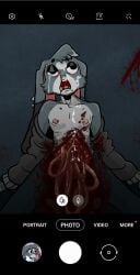 animal_humanoid anthro blood blood_in_mouth blood_on_clothing blood_splatter bodily_fluids breasts clothed clothing colored cum cum_on_body cum_on_breasts cum_on_face cum_on_organs death digital_media_(artwork) ear_piercing female flat_chested fur furmaestro genital_fluids gore gore_focus guts hair helli_anne hi_res humanoid intestines lagomorph lagomorph_humanoid leporid long_ears mammal mammal_humanoid multicolored_body multicolored_fur nipple_piercing nipples nosebleed nude open_mouth organs phone_screen photo photographer piercing portrait rabbit signature snuff solo tears teeth tongue tongue_piercing two_tone_body two_tone_fur