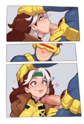 after_oral artist_request belt blowjob blush blushing_at_another bodysuit brown_hair clothed clothed_sex clothing comic comic_page cum cum_on_lips cum_on_mouth cum_string cyclops_(x-men) eyes goggles goggles_on_head green_eyes hair hand_on_head headband heart heart_symbol jacket long_hair marvel marvel_rivals multicolored_hair oral penis penis_out rogue_(x-men) side_view smile smiling smiling_at_partner superhero superhero_costume superheroine tagme tagme_(artist) utility_belt visor white_hair x-men
