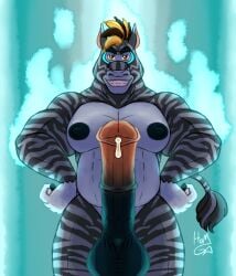 anatomically_correct anatomically_correct_genitalia animal_genitalia animal_penis anthro banana bodily_fluids dark_nipples donkey_kong_(character) donkey_kong_(series) donkey_kong_bananza dripping dropsofmoonlight energy equid equine equine_genitalia equine_penis food fruit fur genital_fluids genitals hi_res kong male mammal musclegut muscular nintendo penis plant precum precum_drip primate smile smiling_at_viewer smirk smirking_at_viewer solo striped_body striped_fur stripes zebra zebra_bananza