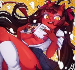 bloody_nose book_covering_breasts demon demon_girl demon_horns demon_tail devil devil_girl devil_horns devil_tail fujoshi glasses meru_(merunyaa) meruccubus_(merunyaa) merunyaa original original_character red_skin school_uniform schoolgirl_uniform shirt_unbuttoned succubus succubus_horns succubus_tail tagme tits_out yellow_eyes