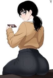 1girls balatro big_ass big_butt black_jeans cellphone chainsaw_man dark_hair heavenly_ass jeans looking_at_viewer lord_dante mitaka_asa playing_balatro playing_videogame sitting sitting_on_lap