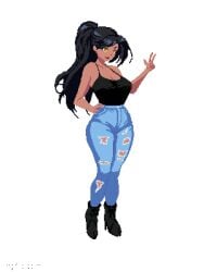 animated ass_expansion belly_expansion breast_expansion indulgences jeans mia_(indulgences) pixel_art tight_clothing