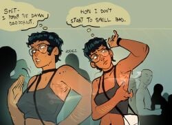 1girls adeniz armpits black_hair dialogue glasses oc original original_character short_hair smell stinky sweat sweating sweaty text