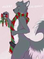 anthro ass canine christmas holidays kittentits lordwolfie male male_only mistletoe nude penis scarf smirk solo wolf