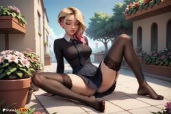 1girls ai_generated arm_support artist_name asymmetrical_hair black_necktie black_shirt black_thighhighs blonde_hair breasts closed_eyes collared_shirt day eyebrow_piercing feet flower flower_pot full_body garter_straps gradient_hair gwen_stacy gwen_stacy_(spider-verse) hi_res lace-trimmed_legwear legs lips long_sleeves marvel marvel_comics medium_breasts multicolored_hair necktie no_shoes nose outdoors panties pantyshot parted_lips patreon_logo patreon_username piercing pink_flower pink_hair pink_hair_tips plant pleated_skirt rule34lab school_uniform shirt short_hair sidecut sitting skirt sky solo spider-gwen spider-man_(series) spider-woman spider_girl spread_legs thighhighs toes tree two-tone_hair undercut underwear web_address white_panties younger_female
