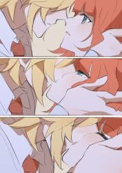 1boy 1girls blonde_hair blonde_hair_male female genshin_impact hand_on_face holding_face kaveh_(genshin_impact) kissing light_skin making_out male male/female nilou_(genshin_impact) passionate passionate_kiss red_hair straight suggestive