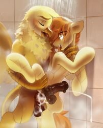 anal anal_sex animal_genitalia animal_penis avian balls bathing beak beamshot bodily_fluids closed_eyes cum digital_drawing_(artwork) digital_media_(artwork) duo earth_pony equid equine erection fan_character feathers feral fur genital_fluids genitals golden_plume gryphon hair hasbro hi_res hooves horse leg_grab male male/male male_penetrated male_penetrating male_penetrating_male mammal my_little_pony mythological_avian mythological_creature mythological_equine mythology open_mouth penetration penile penis pony raised_leg sex shower shower_sex showering smile tail wings yellow_body zlatavector
