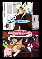2024 3_eyes 3_toes 3boys andrew_(hellhoundzzzzz) angel angel_wings anthro artist_signature bare_thighs blue_eyes blush canine chubby_anthro chubby_male clothed coat collar comic_page cross crossdressing dedoggyskullz dress_shirt eyebrows feet_on_legs feline femboy furry gay girly halo headphones heart_symbol hellhoundzzzzz heterochromia huge_ass huge_hips huge_thighs long_hair male male/male meme missielle_(wkkeezy) moochi_(deaddoggyskullz) reference shirt shorts sitting sitting_on_couch size_difference speech_bubble stockings sweater tablet tail text thighhighs voluptuous_male wkkeezy(artist) yellow_eyes