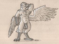 accipitrid accipitriform anthro armpit_hair avian balls beak bird bodily_fluids body_hair casual_nudity eagle feathered_wings feathers feet foreskin genitals guardian_(nightreign) hand_behind_head hi_res humanoid_genitalia humanoid_penis long_foreskin looking_at_viewer male muscular nude orange_eyes penis sillywerwolf solo stretching sweat sweaty_balls sweaty_genitalia talons toes traditional_media_(artwork) vein veiny_penis wings