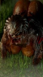 alien_girl big_breasts blind_eye female_yautja forest outdoors predator/prey predator_(franchise) red_eye yautja