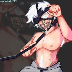 blindfold_lift blindfolded blue_eyes collar gojou_satoru jujutsu_kaisen leash_and_collar leash_pull male_only muzzled saliva shirtless tongue_out white_eyelashes white_hair