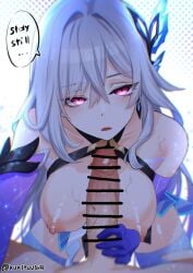 aether_(genshin_impact) blush breasts cock dick genshin_impact handjob kukiyuusha penis pink_eyes skirk_(genshin_impact) sweat sweatdrop tagme tits white_hair