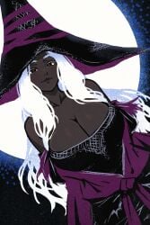 akairiot ass big_ass black_eyes cleavage dark-skinned_female dark_skin elden_ring elden_ring_nightreign female fromsoftware long_hair looking_at_viewer moon recluse_(nightreign) white_eyebrows white_hair witch_hat