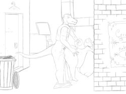 4:3 alley animal_humanoid anthro belly big_belly big_breasts bodily_fluids breast_expansion breasts canid canid_humanoid canine canine_humanoid cjthegreat2003 cum cum_drip cum_inside dog_humanoid dripping duo expansion female from_behind_position genital_fluids huge_breasts humanoid hyper hyper_breasts inflation inflation lizard male male/female mammal mammal_humanoid monochrome nude reptile scalie sex tail tail_pull