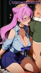 1boy 1girls 2025 ai_generated akari_watanabe artist_name blush breasts breasts breasts bulge bust chest choker cleavage collarbone electroworld erection erection_under_clothes female fuufu_ijou_koibito_miman green_eyes heart hi_res high_quality high_resolution highres licking long_hair patreon patreon_username pink_hair shirt skirt stable_diffusion straight sweat tattoo tongue tongue_out watermark