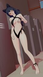 1girls bikini black_hair black_hair_female blake_belladonna bow breasts grabbing_own_breast locker_room long_hair long_hair_female mr.perrozuela rwby solo_female string_bikini yellow_eyes