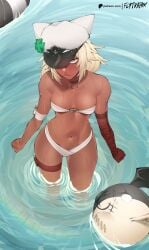 1girls alternate_costume bandaged_arm bandages bikini blonde_hair breasts clover commentary dark-skinned_female dark_skin day english_commentary female flytrapxx four-leaf_clover guilty_gear guilty_gear_strive hat highres long_hair looking_at_viewer lucifero_(guilty_gear) navel ramlethal_valentine swimsuit thigh_strap white_bikini white_hair