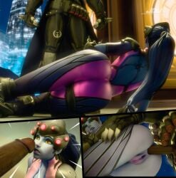 1boy 1girls anal anal_sex ass captured dark-skinned_male dark_skin defeated dick dominant domination female forced from_behind jdv laying lying male marvel_reference on_side overwatch penis penis_on_face reaper rogue_dat_ass_(meme) sex shocked side_view surprised view_from_behind widowmaker yellow_eyes