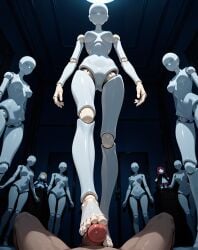 ai_generated creepy doll doll_joints faceless faceless_character faceless_female femdom footjob from_below looking_at_viewer low-angle_view male_pov mannequin multiple_girls pov standing_footjob