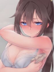 1girls armpits blue_eyes bra breasts brown_hair cleavage highres love_live! love_live!_nijigasaki_high_school_idol_club love_live!_school_idol_festival_all_stars nasuno_(nasuno42) osaka_shizuku solo sweat sweaty_armpits underwear