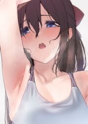1girls arm_up armpit_focus armpits blue_eyes blush bow brown_hair collarbone commentary_request hair_between_eyes hairbow highres long_hair looking_at_viewer love_live! love_live!_nijigasaki_high_school_idol_club nasuno_(nasuno42) open_mouth osaka_shizuku presenting_armpit red_bow shirt simple_background smell solo sweat sweaty_armpits teeth upper_body upper_teeth_only white_background white_shirt