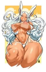 1girls abs animal_ears artist_name bare_shoulders bayeuxman biceps big_breasts bikini breasts bunny_ears cameltoe clothing curvy dark-skinned_female dark_skin eyelashes female female_focus female_only g-string grin highleg_bikini hips large_breasts long_hair looking_at_viewer miruko muscular muscular_female muscular_legs my_hero_academia navel nipple_bulge nipples nipples_visible_through_clothing orange_background parted_lips pinup red_eyes revealing_clothes rumi_usagiyama shiny_skin side-tie_bikini sideboob simple_background skimpy skindentation solo solo_female swimsuit teeth text thick_thighs thighs thong voluptuous watermark white_bikini white_hair wide_hips