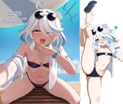 1girls blush cute_fang dialogue female femdom flexible furina_(genshin_impact) genshin_impact hoyoverse laughing mesugaki mihoyo mockingeu small_breasts stretching sunglasses sunglasses_on_head text white_hair