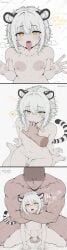 1boy 2boys against_glass anal animal_ears blush breasts comic completely_nude dark-skinned_male dark_skin female femboy feminine_male feminization finger_in_another's_mouth flaccid hair_between_eyes heart looking_at_viewer male male_focus male_only multiple_boys navel nipples nude open_mouth otoko_no_ko penis saliva sex sex_from_behind short_hair sissy sitting small_breasts speech_bubble spoken_heart stomach_bulge straight sweat tail testicles tiger_boy tiger_ears tiger_girl tiger_tail tongue tongue_out trap twink white_hair yaoi yellow_eyes