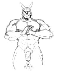 1boy all_might bara barazoku blonde_hair erect_penis gay hairy_penis inksleo looking_at_viewer male male_focus male_only mature_male muscles muscular muscular_male my_hero_academia posing pubic_hair sketch solo solo_male superhero toshinori_yagi uncolored unfinished yaoi