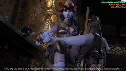 27bits boots boots_removed dialogue feet foot_fetish foot_focus foot_play massage overwatch purple_body purple_hair purple_skin soles stinky stinky_feet sweat sweaty sweaty_feet toes widowmaker yellow_eyes