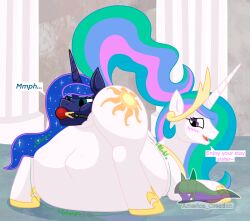 alicorn anal anal_sex anal_vore anus arceus_tummy ball_gag belly big_belly blue_body blue_hair blush cutie_mark duo endosoma equid equine female female/female feral friendship_is_magic gag hair hasbro hi_res horn horse incest_(lore) mammal multicolored_hair my_little_pony mythological_creature mythological_equine mythology nude open_mouth penetration pony princess_celestia_(mlp) princess_luna_(mlp) safe_vore sibling_(lore) simple_background sister_(lore) sisters_(lore) soft_vore tail text vore white_body wings