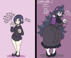 1futa 1girls 2024_pokemon_teraleak alternate_version_available before_and_after beta_hex_maniac big_breasts black_eyes blouse breasts clothed clothed_female clothing dress edit english english_text female female_only female_to_futa futanari headband hex_maniac hexification holding_poke_ball holding_pokeball implied_transformation light-skinned_female light_skin light_skinned_female long_hair medium_breasts nail_polish npc_trainer pandacubed poke_ball pokeball pokemon poopishness purple_blouse purple_dress purple_eyes purple_hair purple_headband purple_nail_polish purple_nails purple_skirt short_hair skirt smile smiling text text_box transformation white_socks wide_hips