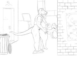 4:3 alley animal_humanoid anthro big_breasts big_penis breasts canid canid_humanoid canine canine_humanoid cjthegreat2003 dog_humanoid duo female from_behind_position genitals huge_breasts huge_cock humanoid lizard male male/female mammal mammal_humanoid monochrome penis reptile scalie sex size_difference stomach_bulge