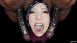 1girls 2boys 3d ada_wong asian asian_female black_hair bukkake capcom cum cum_in_mouth cum_on_face dark-skinned_male dark_skin erection female gokkun high-angle_view huge_cock interracial light_skin male mmf_threesome open_mouth penis resident_evil threesome veiny_penis vekkte