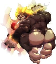 1boy absurdres artist_name ass back balls bara brown_fur commentary cursedmarked donkey_kong donkey_kong_(kong_bananza) donkey_kong_(series) donkey_kong_bananza feet from_behind furry furry_male highres komboochie_(cursedmarked) kong_bananza looking_back male male_focus muscular muscular_male necktie nintendo red_necktie solo symbol-only_commentary testicles yellow_eyes