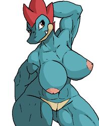 alligator big_breasts blue_skin breasts elbow female feraligatr nintendo nipples nude plain_background pokemon pussy raised_arm raptorkou reptile scalie solo teeth video_games white_background