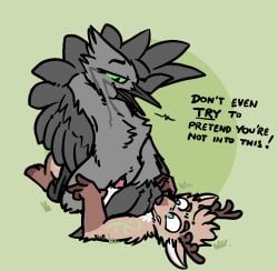 2025 aliasing anthro antlers avian beak bird bizr breasts claws clitoris cowgirl_position deer digital_media_(artwork) dominant dominant_female duo english_text erection feathered_wings feathers featureless_breasts female forced from_front_position fur genitals green_eyes grey_body hand_behind_head hi_res horn juniper_titmouse kodin male male/female male_penetrating mammal nude on_bottom on_top open_mouth oscine passerine penetration penile penis pinned pinned_to_ground rape scared semi-anthro sex simple_background smile text tit_(bird) titmouse_(bird) vaginal_penetration vaginal_penetration vera_(bizr) winged_arms wings