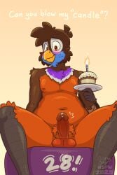 2025 2:3 anthro avian ball_squish balls beak bird blue_body blue_feathers blush bodily_fluids brown_body brown_feathers candle cupcake digital_media_(artwork) english_text erection feathers fire food front_view genital_fluids genitals gradient_background hi_res holding_plate humanoid_genitalia humanoid_penis jay_(sammfeatblueheart) looking_at_viewer low-angle_view male multicolored_body multicolored_feathers navel nipples non-mammal_balls non-mammal_navel non-mammal_nipples nude orange_body orange_feathers penis plate precum pubes purple_body purple_feathers sammfeatblueheart scuted_hands scuted_legs scutes simple_background sitting solo spread_legs spreading squish text trogon trogonid white_body white_feathers