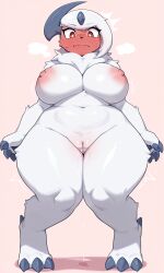 absol action_lines ai_generated animal_nose arms_at_sides belly big_breasts blush blush_lines breasts claws eeveelu10 female full-face_blush furry furry_female furry_only horn knees_together_feet_apart looking_at_viewer naked navel neck_fur pink_nipples pokemon pokemon_(species) pussy pussy_blush pussy_juice pussy_juice_drip red_eyes red_face simple_background solo steam surprised tremble_spikes wavy_mouth wet_pussy white_fur wide_hips