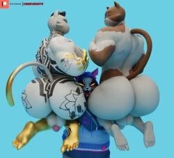 3d_(artwork) 5_toes anthro asian_mythology ass back_tattoo backsack balls big_butt bite_mark black_hair blue_background brown_body brown_fur butt_tattoo calico_cat camseven cheek_tuft clothed clothed_anthro clothed_male clothing digital_media_(artwork) domestic_cat duo east_asian_mythology epic_games facial_tuft fangs feet felid feline felis fortnite fur fur_tuft furgonomic_hoodie furgonomics genitals gold_body group hair hi_res hoodie humanoid_feet japanese_mythology kneeling male male/male mammal meowdas meowscles multicolored_body multicolored_fur muscular muscular_anthro muscular_male mythology neck_tattoo nekomata notched_ear nude_anthro nude_male nyanja_(fortnite) open_mouth open_smile patreon patreon_logo penis pink_inner_ear plantigrade raised_tail simple_background smile tail tattoo teeth toes tongue tongue_out topwear trio tuft whiskers white_body white_fur yellow_eyes yokai