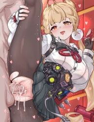 1boy :o absurdres ahe_gao alice_thymefield animal_ears black_skirt blonde_hair blush breasts commentary_request daram_(shappydude) female fingerless_gloves gloves hand_on_own_leg heterochromia highres indoors korean_commentary large_breasts large_variant_set long_hair orange_eyes pantyhose penis pleated_skirt red_eyes revision sex shirt skirt split standing standing_on_one_leg standing_sex standing_split straight sweat torn_clothes torn_pantyhose uncensored vaginal_penetration variant_set white_shirt zenless_zone_zero
