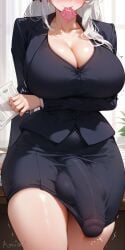 1futa absurd_res ai_generated alisa_mikhailovna_kujou amiiari arm_under_breasts big_breasts big_penis blazer blue_eyes bulge bulge_through_clothing cleavage condom_in_mouth condom_wrapper detailed dickgirl erection erection_under_clothes futa_only futanari hair_ornament hair_ribbon highres holding_paper huge_breasts long_penis manager massive_penis office office_clothing office_lady pencil_skirt penis penis_to_the_knees penis_under_clothes penis_under_skirt shaking tenting thick_thighs tokidoki_bosotto_russian_de_dereru_tonari_no_alya-san white_hair