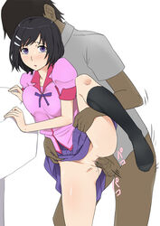 black_hair blush female hair_ornament hairclip hanekawa_tsubasa ichihisa leg_lift monogatari_(series) motion_blur no_panties penis purple_eyes pussy school_uniform sex short_hair skirt skirt_lift socks vaginal_penetration