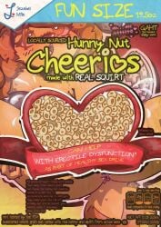 absurd_res antennae_(anatomy) anthro anus arthropod bee blush bodily_fluids bowl breasts cereal cereal_box cheerios clothing collar container cute_fangs english_text fangs female food fur general_mills genital_fluids glistening glistening_body glowing glowing_eyes hair hi_res honey_nut_cheerios hymenopteran insects khalfy_kun looking_pleasured mascot masturbation meme nude open_mouth orgasm orgasm_face rebekah_(khalfy_kun) simple_background solo spread_legs spreading tail teeth text tongue wings yellow_body