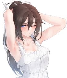 1girls armpits arms_behind_head arms_up bare_arms bare_shoulders blue_eyes blurry blush breasts brown_hair cleavage closed_mouth collarbone commentary_request depth_of_field dress frilled_dress frills hair_between_eyes hair_ribbon half-closed_eye highres hot long_hair looking_at_viewer love_live! love_live!_nijigasaki_high_school_idol_club medium_breasts messy_hair nasuno_(nasuno42) one_eye_closed osaka_shizuku ponytail ribbon sidelocks simple_background sleeveless sleeveless_dress solo sundress sweat sweaty_armpits upper_body water_drop white_background white_dress white_ribbon